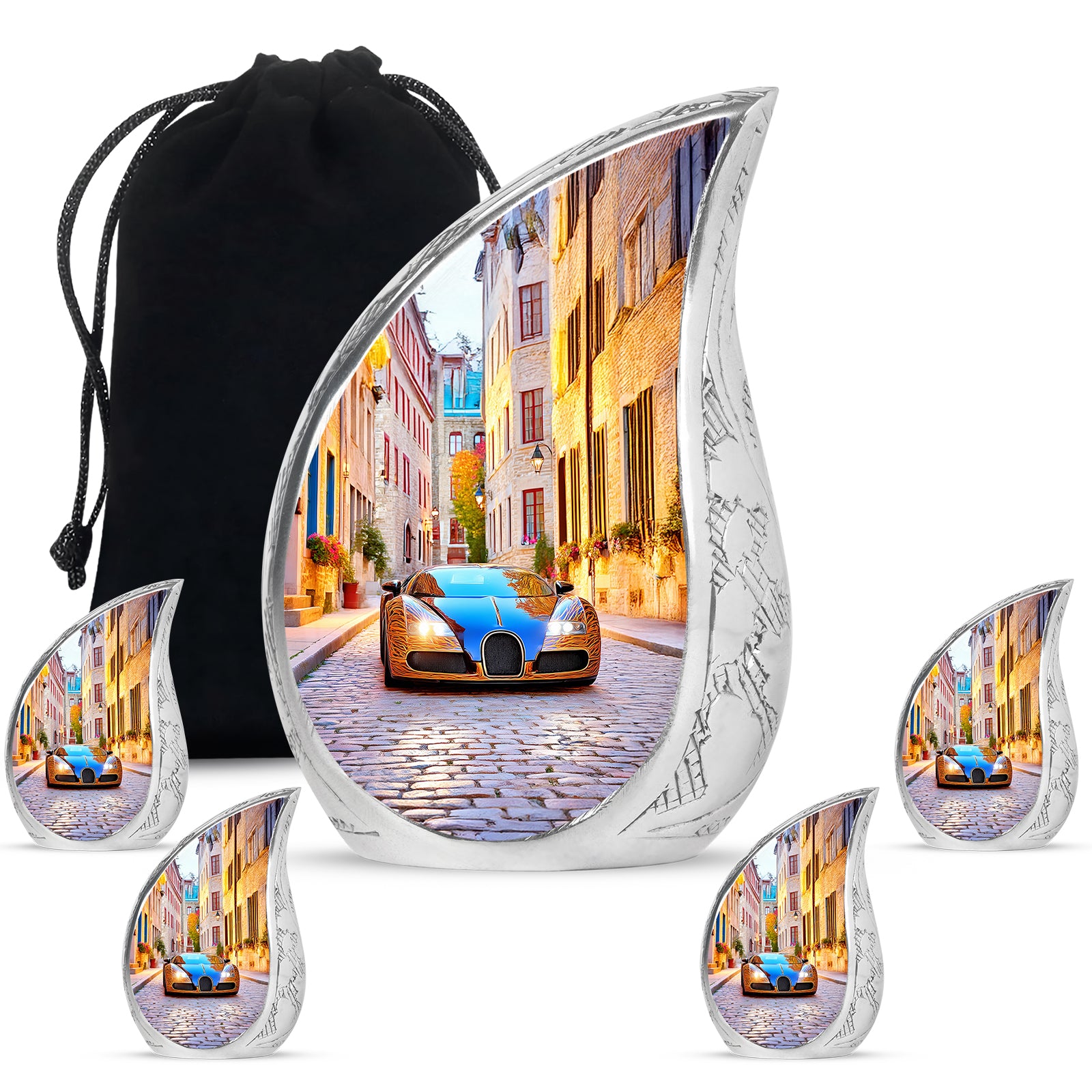 Azure Car Cremation Urn side profile showing urn shape - rounded teardrop car design with delicate detail - memorial set with one large and four small urns