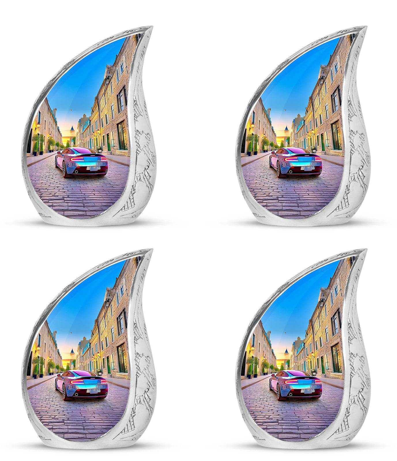 Azure Car Cremation Urn close-up of engraving and surface detail - flowing teardrop car silhouette on curved aluminum - 10 inch aluminum urn for cremated remains