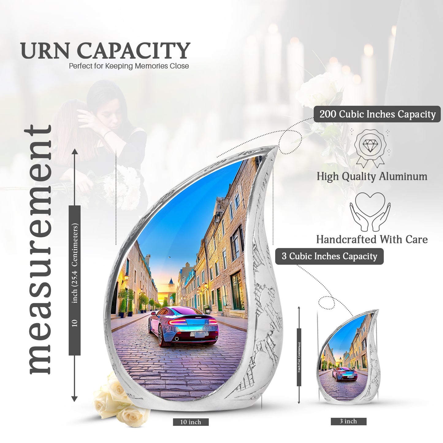 Sapphire Blue Car Cremation Urn angled view of lid and engraved motif - smooth teardrop contour featuring car art - mini keepsake memorial for portion of cremation ashes