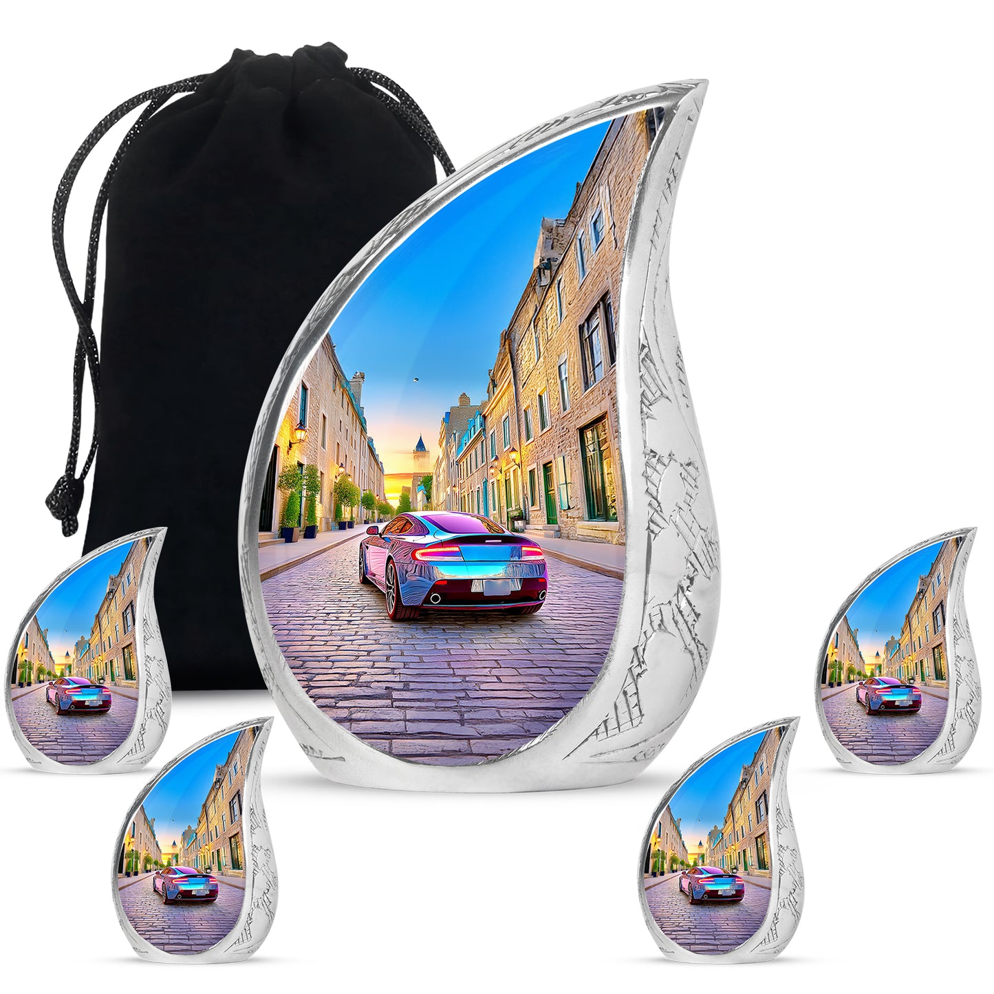 Twilight Blue Car Cremation Urn side profile showing urn shape - smooth teardrop contour featuring car art - memorial set with one large and four small urns