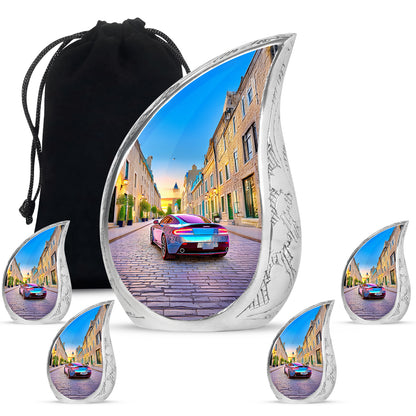 Twilight Blue Car Cremation Urn side profile showing urn shape - smooth teardrop contour featuring car art - memorial set with one large and four small urns