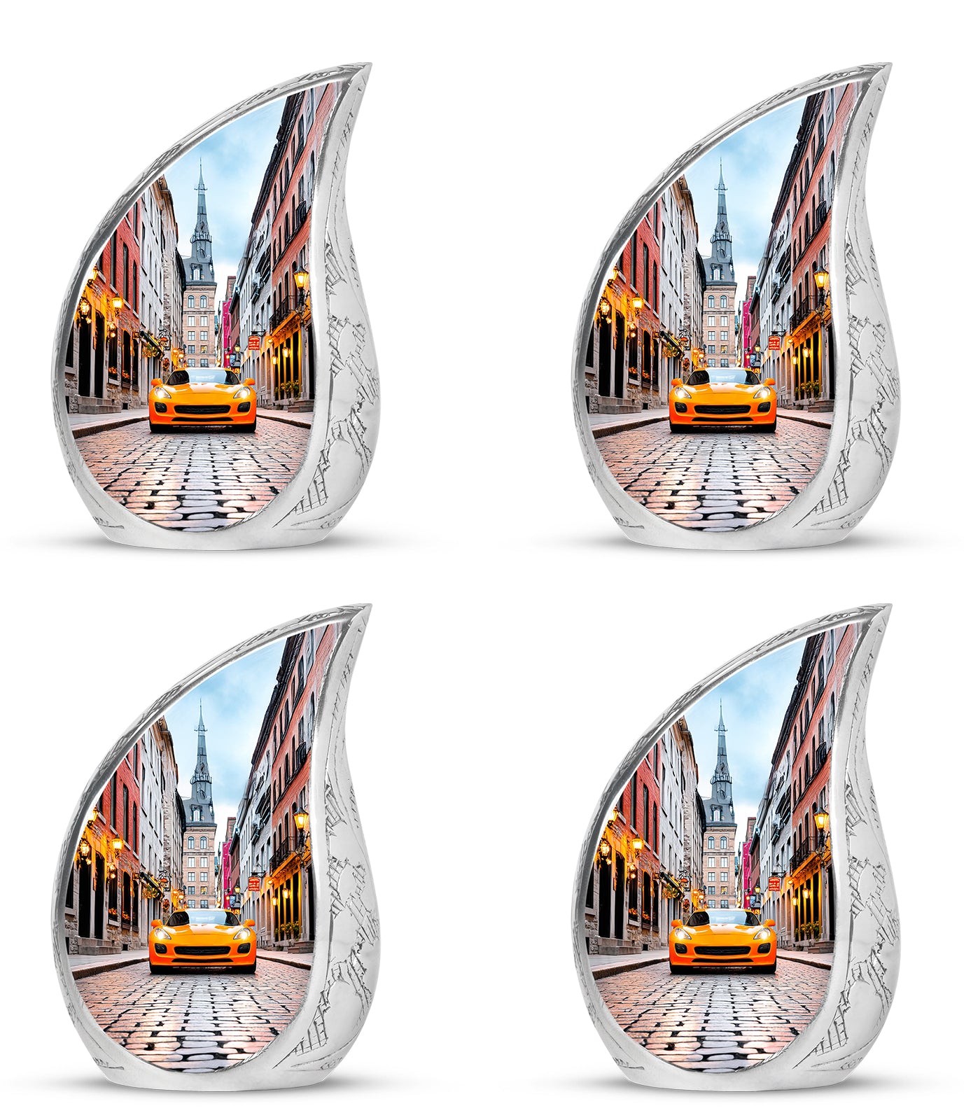 Ivory White Car Cremation Urn close-up of engraving and surface detail - rounded teardrop car design with delicate detail - 10 inch aluminum urn for cremated remains