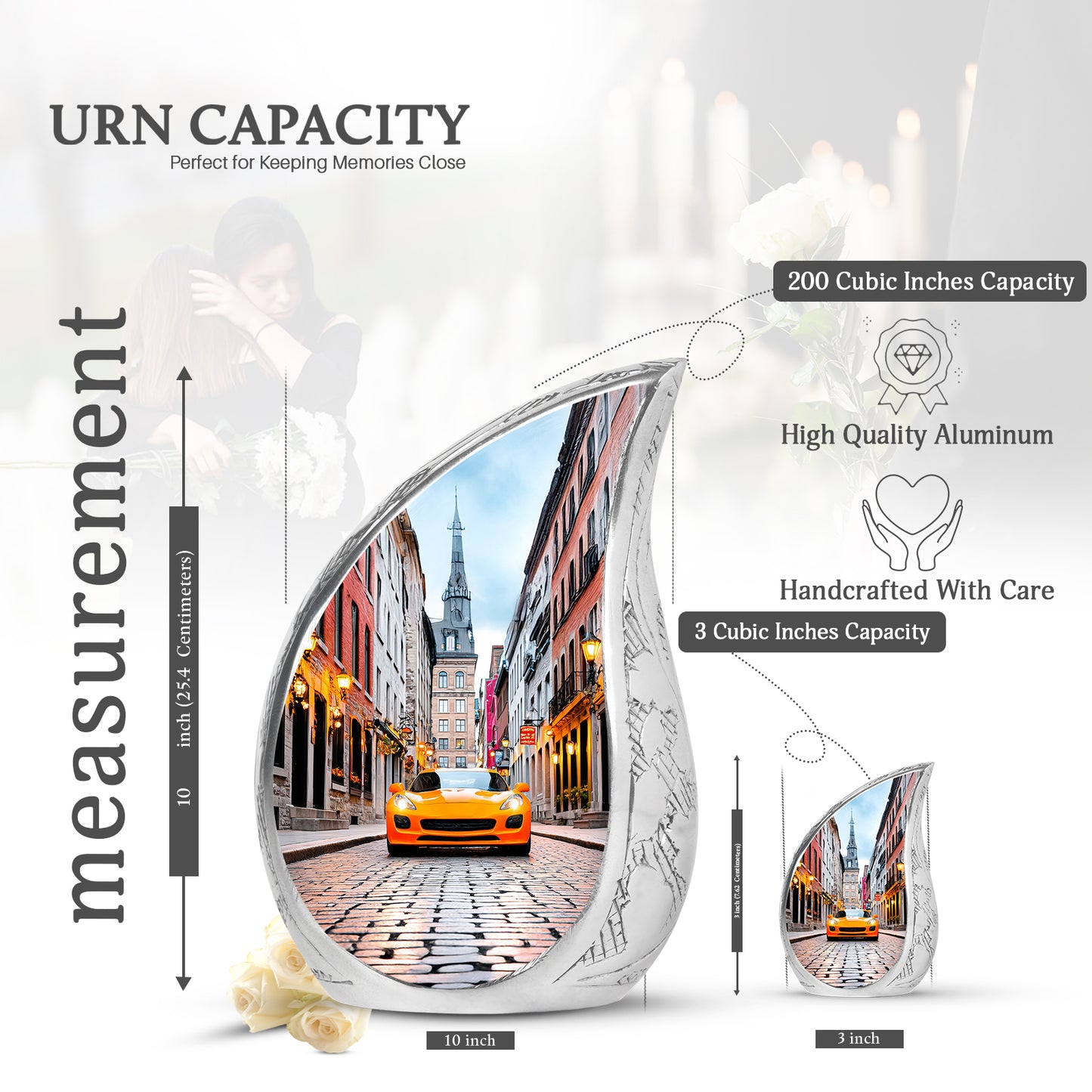 Frost White Car Cremation Urn angled view of lid and engraved motif - rounded teardrop car design with delicate detail - mini keepsake memorial for portion of cremation ashes