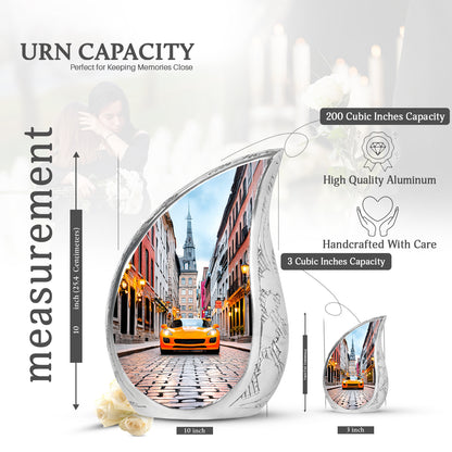 Frost White Car Cremation Urn angled view of lid and engraved motif - rounded teardrop car design with delicate detail - mini keepsake memorial for portion of cremation ashes