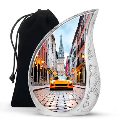 Pure White Car Cremation Urn front view showing detailed design - rounded teardrop car design with delicate detail - full-size 10 inch 200 cubic inch adult cremation urn