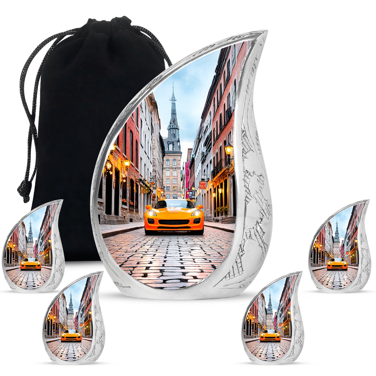 Pearl White Car Cremation Urn side profile showing urn shape - smooth teardrop contour featuring car art - memorial set with one large and four small urns