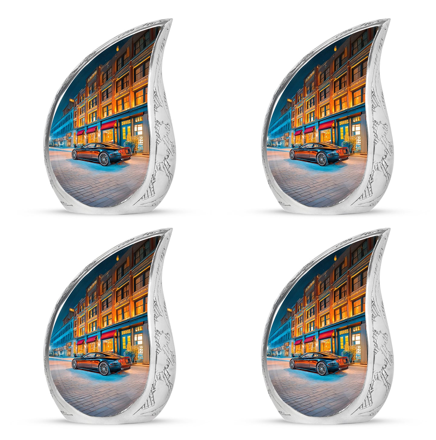 Serene Blue Car Cremation Urn close-up of engraving and surface detail - graceful tear-shaped urn with car motif - 10 inch aluminum urn for cremated remains