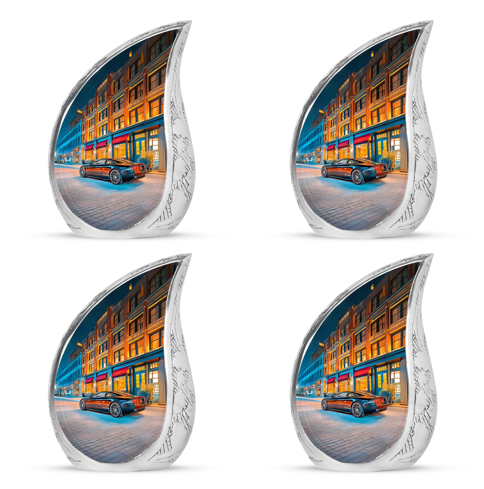 Serene Blue Car Cremation Urn close-up of engraving and surface detail - graceful tear-shaped urn with car motif - 10 inch aluminum urn for cremated remains