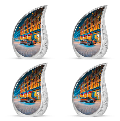 Serene Blue Car Cremation Urn close-up of engraving and surface detail - graceful tear-shaped urn with car motif - 10 inch aluminum urn for cremated remains