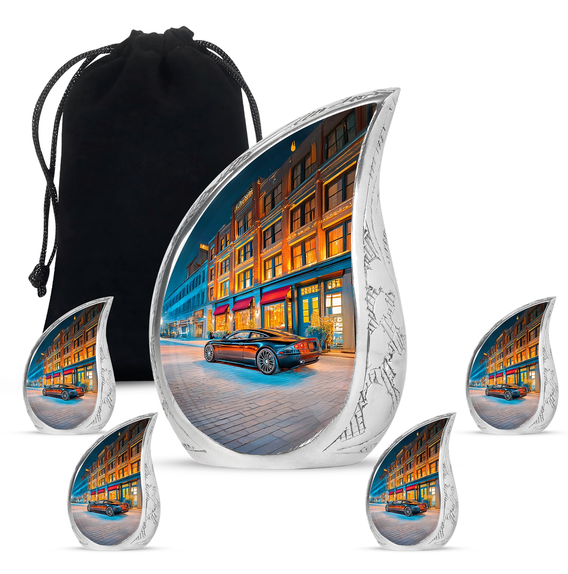 Twilight Blue Car Cremation Urn side profile showing urn shape - smooth teardrop contour featuring car art - memorial set with one large and four small urns