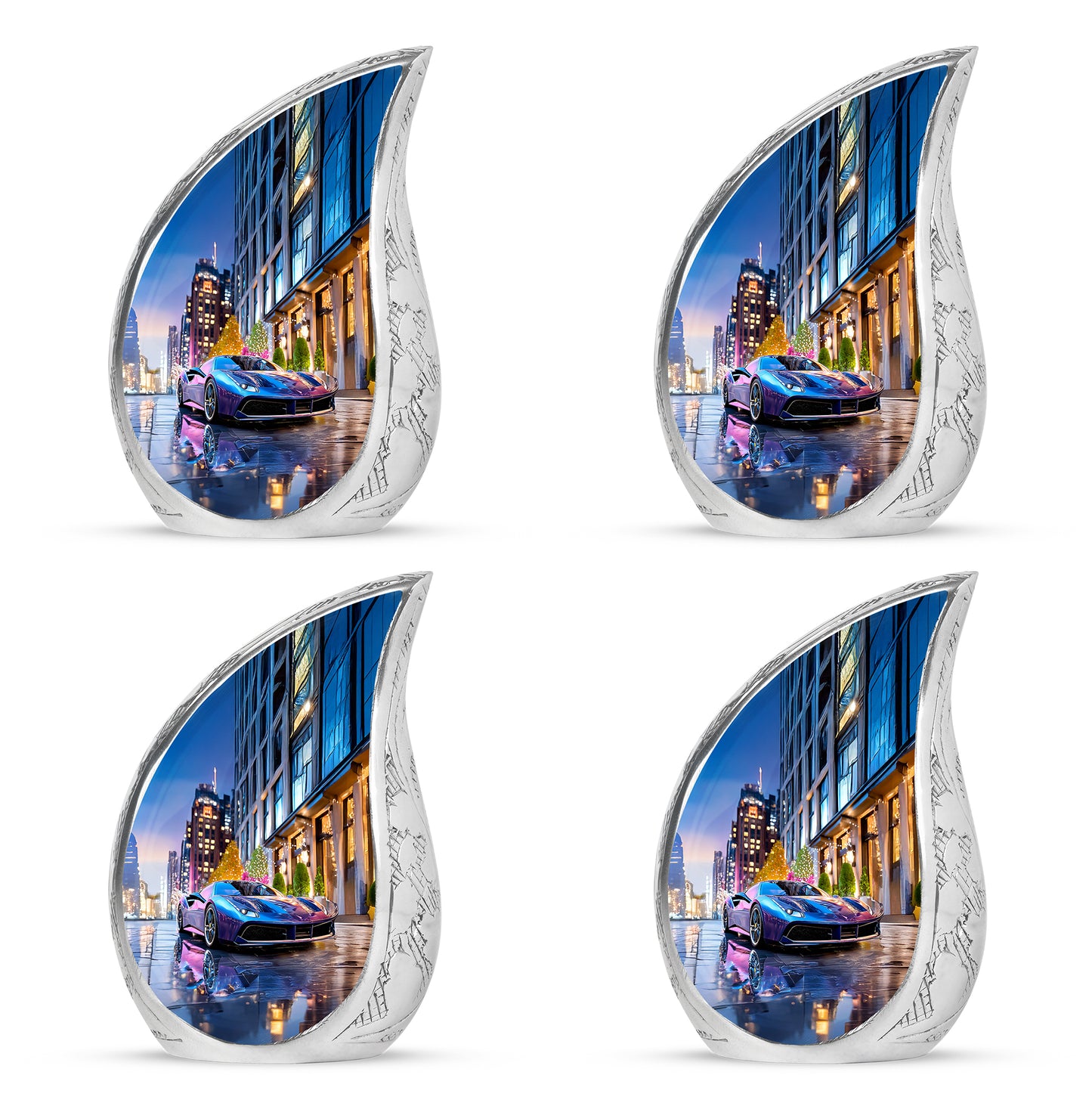 Sky Blue Car Cremation Urn close-up of engraving and surface detail - flowing teardrop car silhouette on curved aluminum - 10 inch aluminum urn for cremated remains