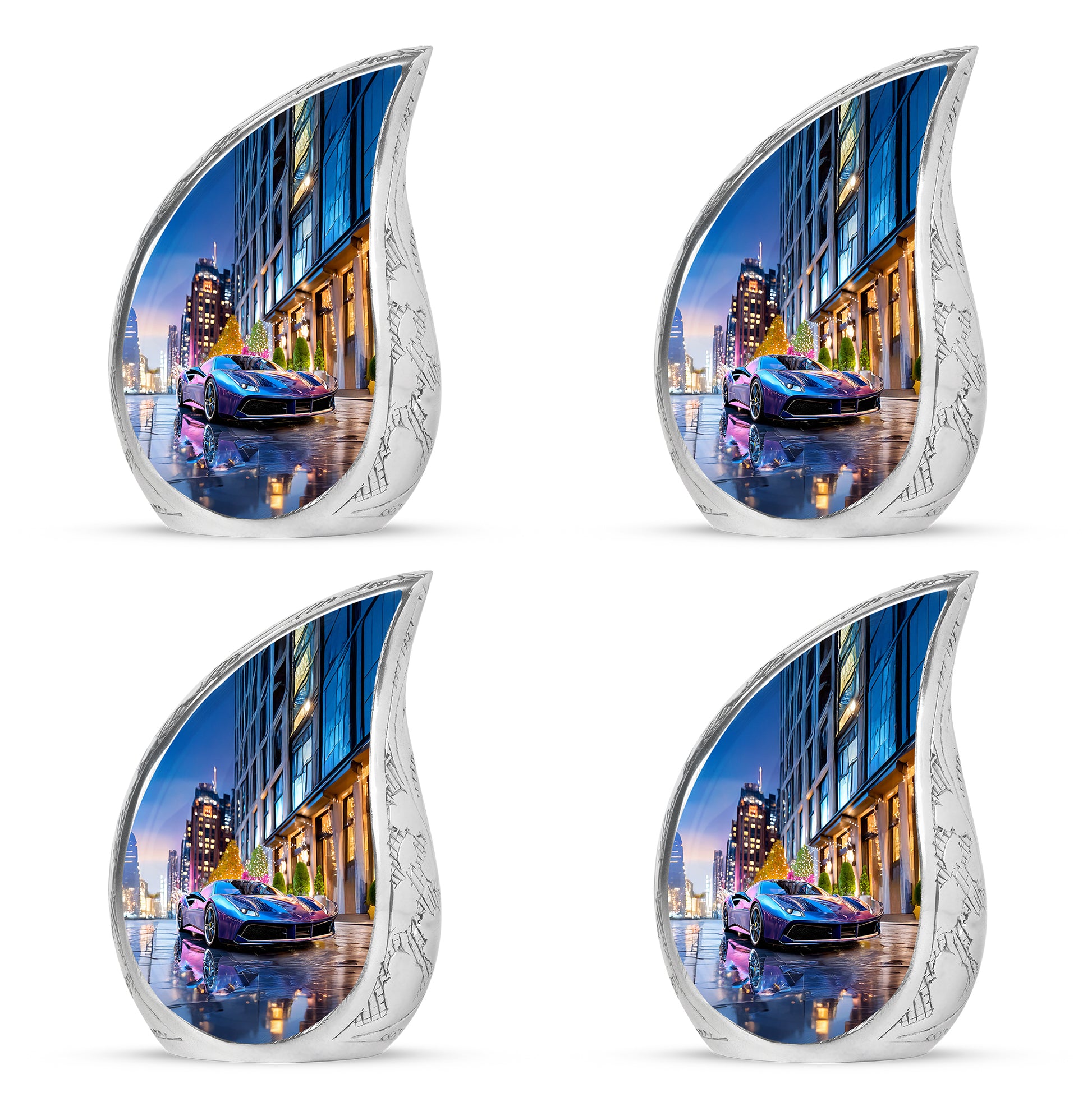 Sky Blue Car Cremation Urn close-up of engraving and surface detail - flowing teardrop car silhouette on curved aluminum - 10 inch aluminum urn for cremated remains