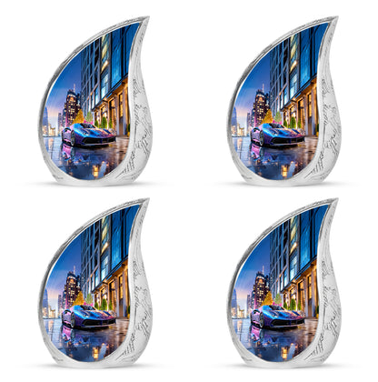 Sky Blue Car Cremation Urn close-up of engraving and surface detail - flowing teardrop car silhouette on curved aluminum - 10 inch aluminum urn for cremated remains