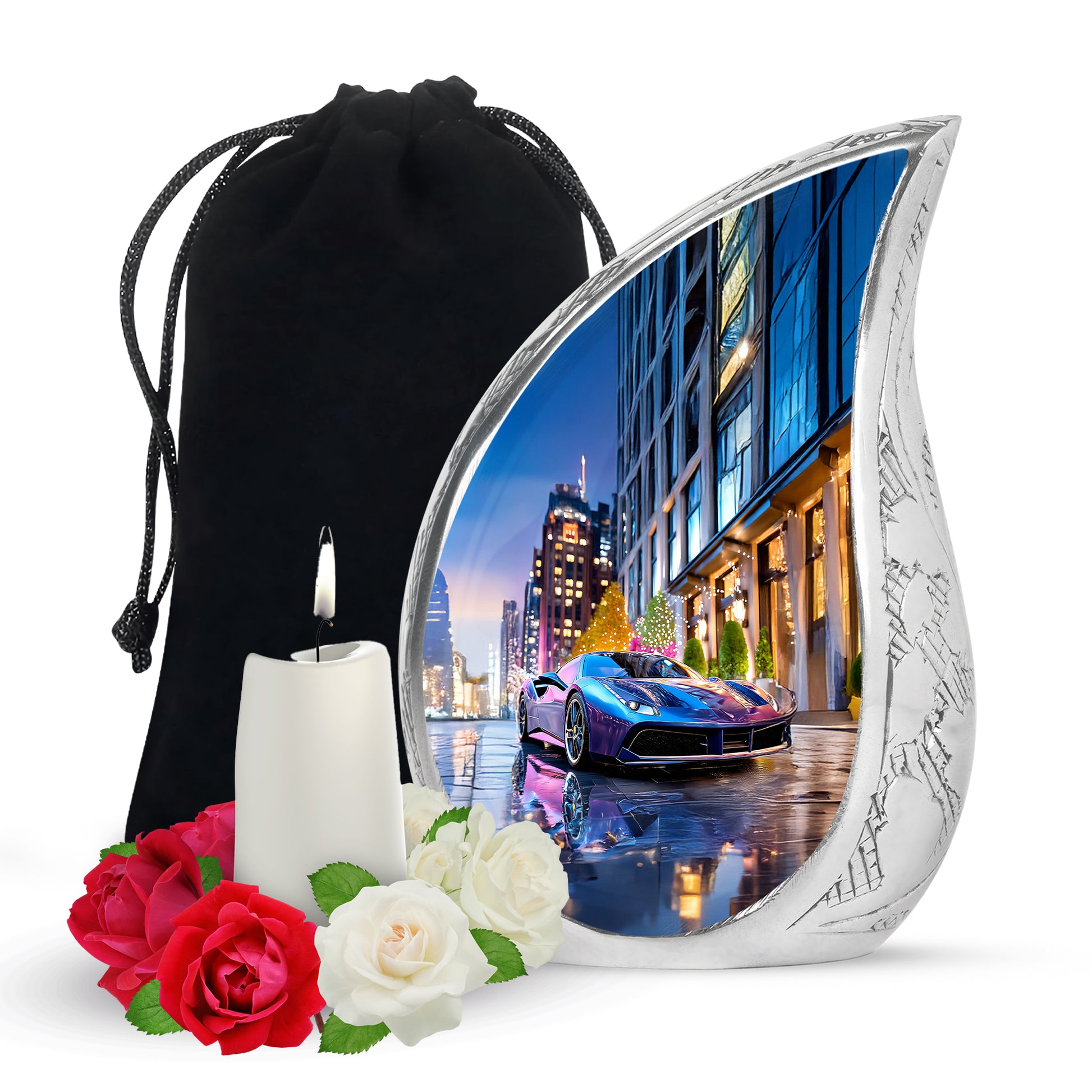 Dusty Blue Car Cremation Urn front view showing detailed design - flowing teardrop car silhouette on curved aluminum - full-size 10 inch 200 cubic inch adult cremation urn