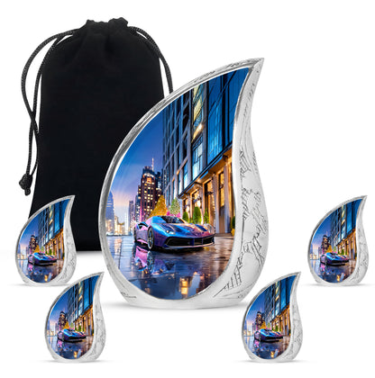 Bright Blue Car Cremation Urn side profile showing urn shape - smooth teardrop contour featuring car art - memorial set with one large and four small urns