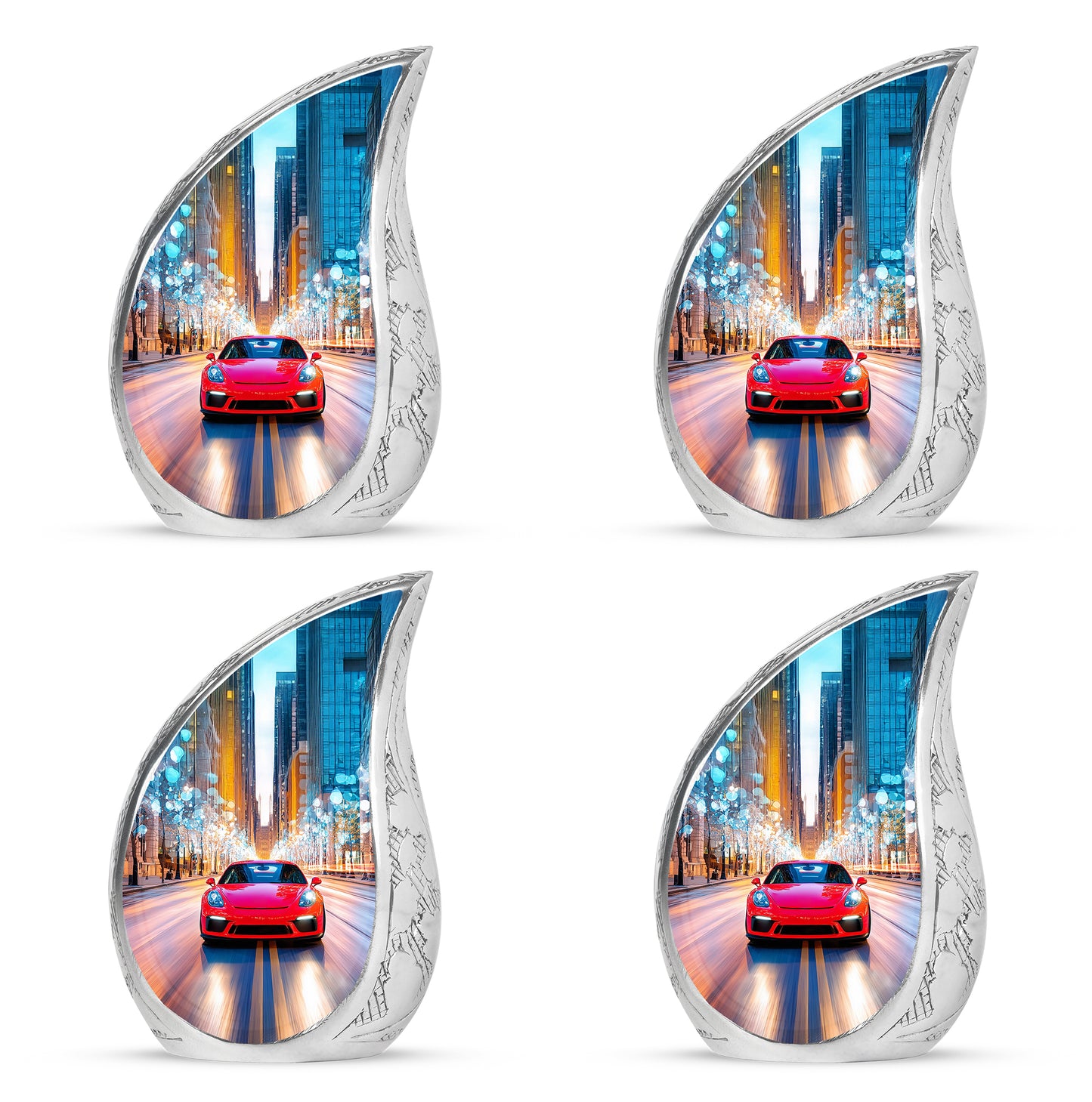 Slate Blue Car Cremation Urn close-up of engraving and surface detail - flowing teardrop car silhouette on curved aluminum - 10 inch aluminum urn for cremated remains
