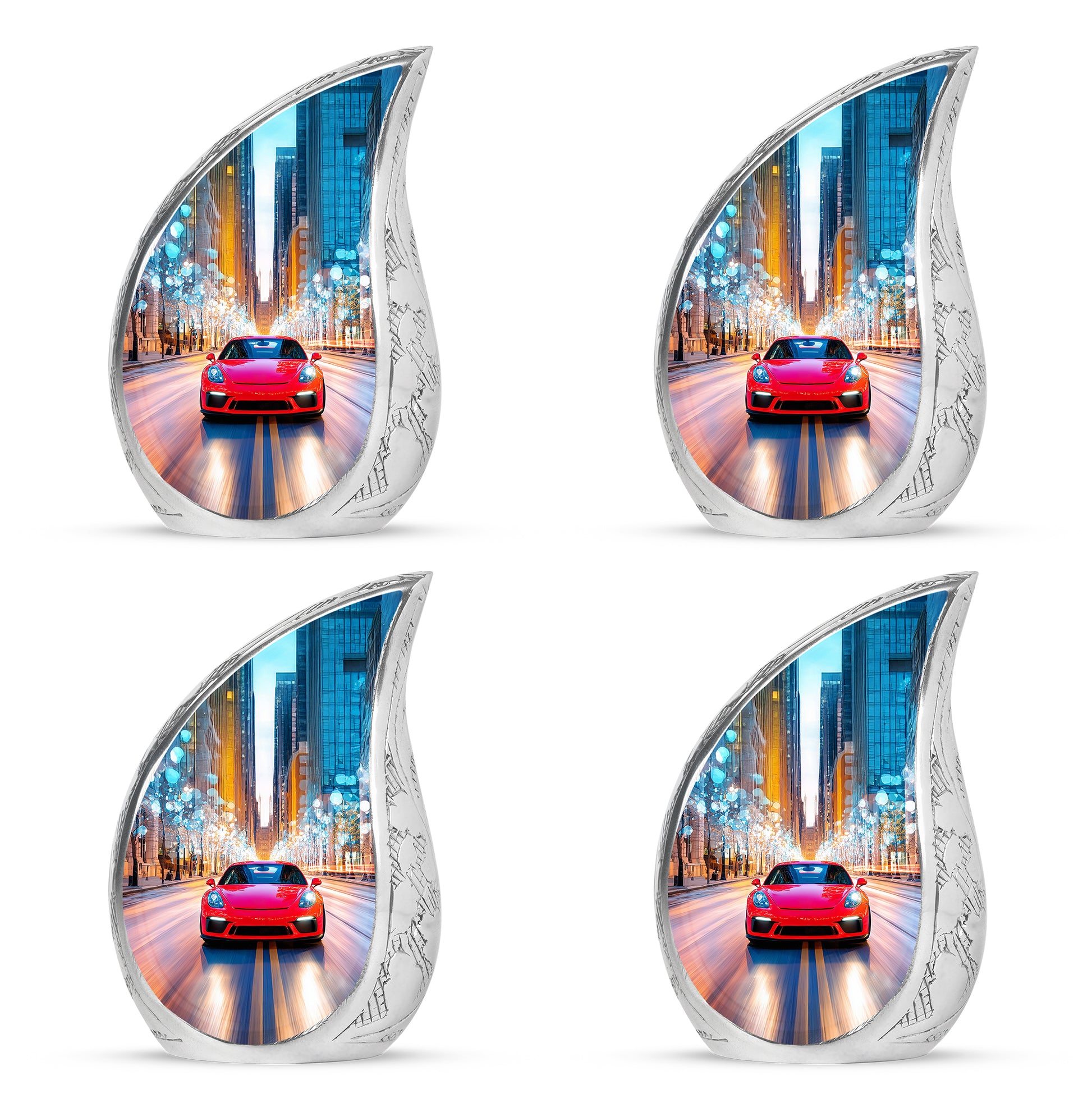 Slate Blue Car Cremation Urn close-up of engraving and surface detail - flowing teardrop car silhouette on curved aluminum - 10 inch aluminum urn for cremated remains