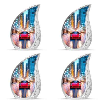 Slate Blue Car Cremation Urn close-up of engraving and surface detail - flowing teardrop car silhouette on curved aluminum - 10 inch aluminum urn for cremated remains