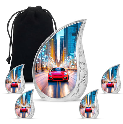 Calming Blue Car Cremation Urn side profile showing urn shape - smooth teardrop contour featuring car art - memorial set with one large and four small urns