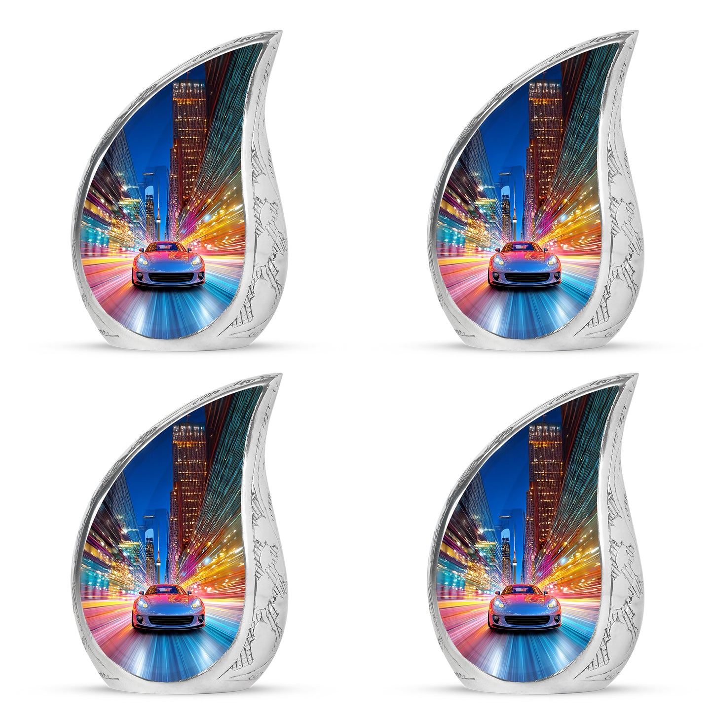 Calming Blue Car Cremation Urn close-up of engraving and surface detail - smooth teardrop contour featuring car art - 10 inch aluminum urn for cremated remains
