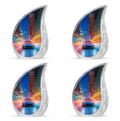 Calming Blue Car Cremation Urn close-up of engraving and surface detail - smooth teardrop contour featuring car art - 10 inch aluminum urn for cremated remains