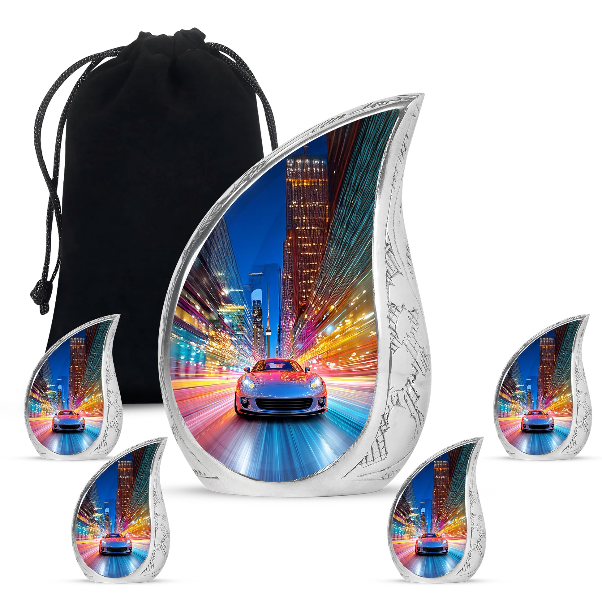 Steel Blue Car Cremation Urn side profile showing urn shape - smooth teardrop contour featuring car art - memorial set with one large and four small urns