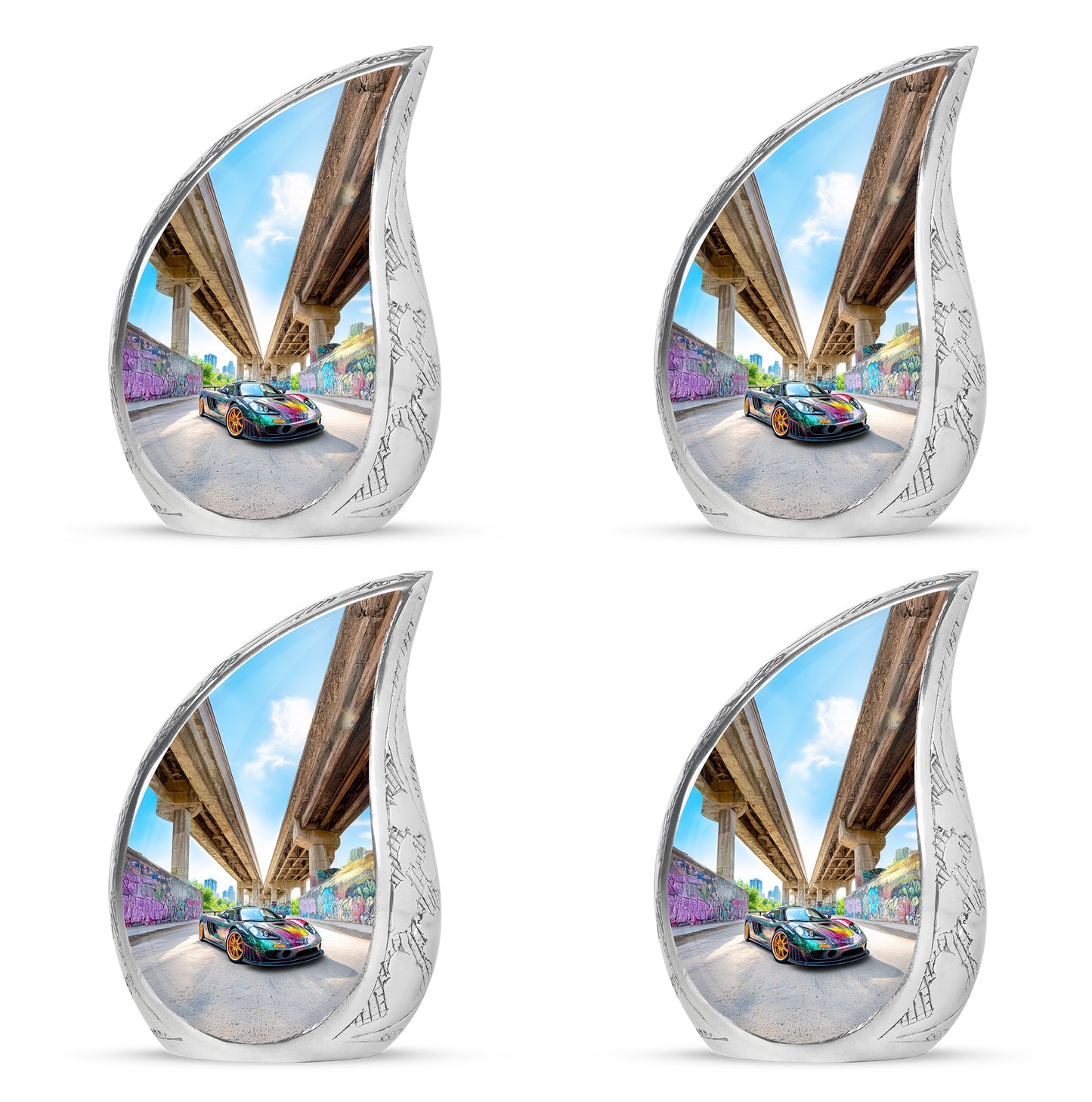 Slate Blue Car Cremation Urn close-up of engraving and surface detail - flowing teardrop car silhouette on curved aluminum - 10 inch aluminum urn for cremated remains