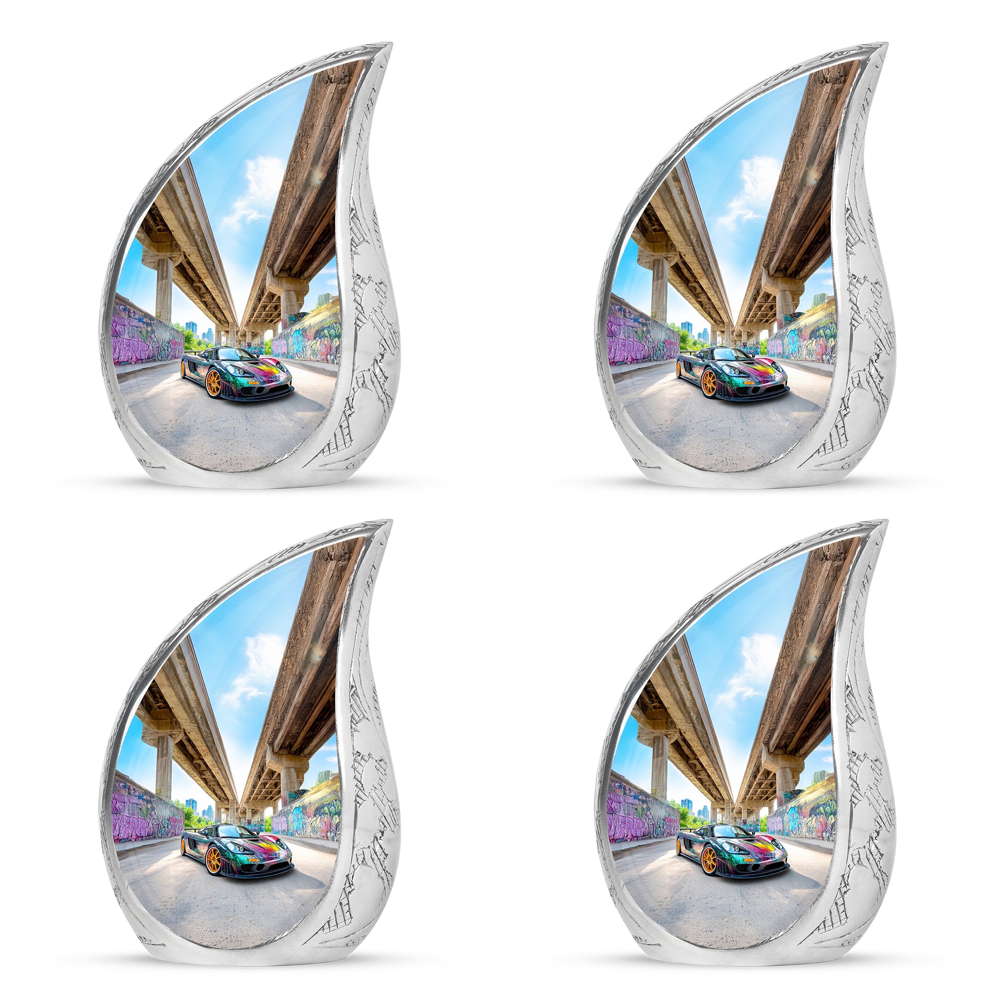 Slate Blue Car Cremation Urn close-up of engraving and surface detail - flowing teardrop car silhouette on curved aluminum - 10 inch aluminum urn for cremated remains