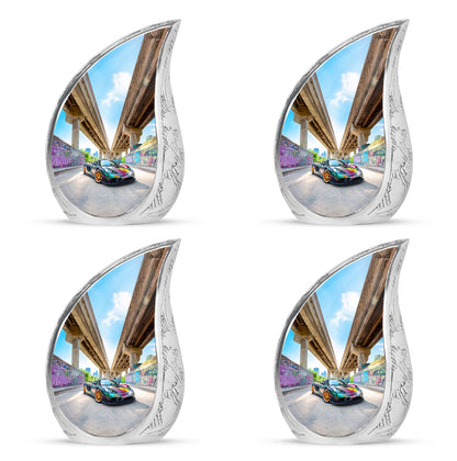 Slate Blue Car Cremation Urn close-up of engraving and surface detail - flowing teardrop car silhouette on curved aluminum - 10 inch aluminum urn for cremated remains
