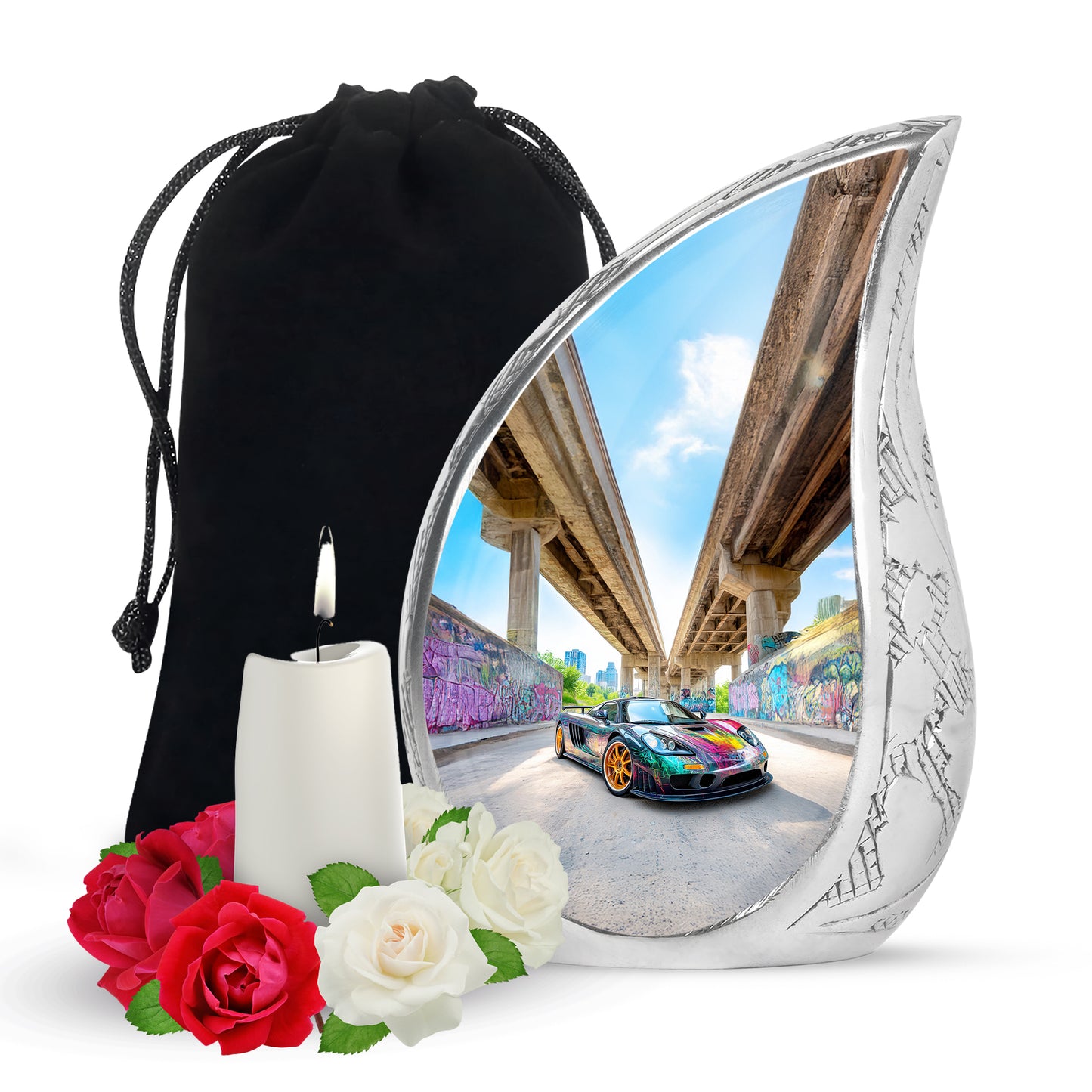 Cornflower Blue Car Cremation Urn front view showing detailed design - smooth teardrop contour featuring car art - full-size 10 inch 200 cubic inch adult cremation urn