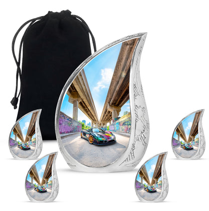 Cornflower Blue Car Cremation Urn side profile showing urn shape - smooth teardrop contour featuring car art - memorial set with one large and four small urns