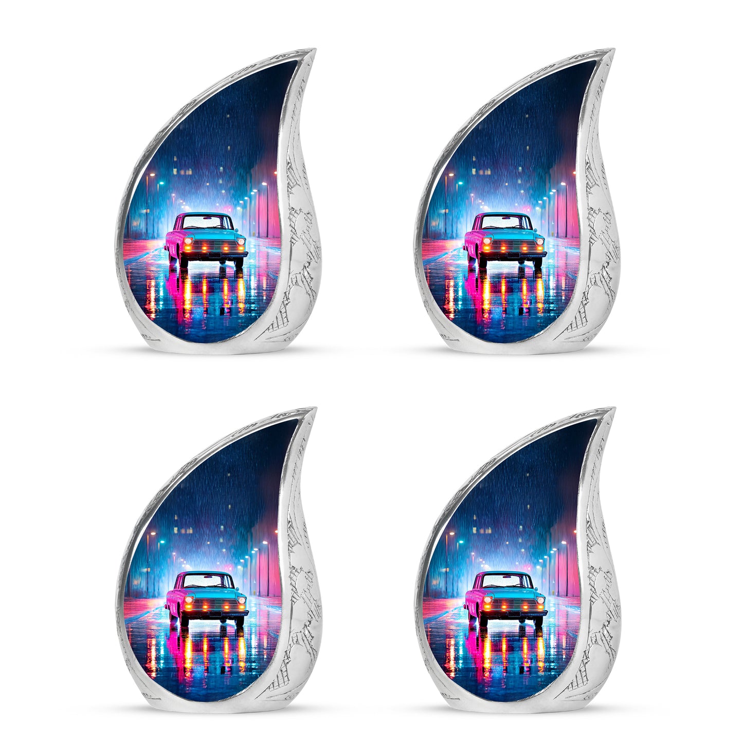 Indigo Car Cremation Urn close-up of engraving and surface detail - flowing teardrop car silhouette on curved aluminum - 10 inch aluminum urn for cremated remains