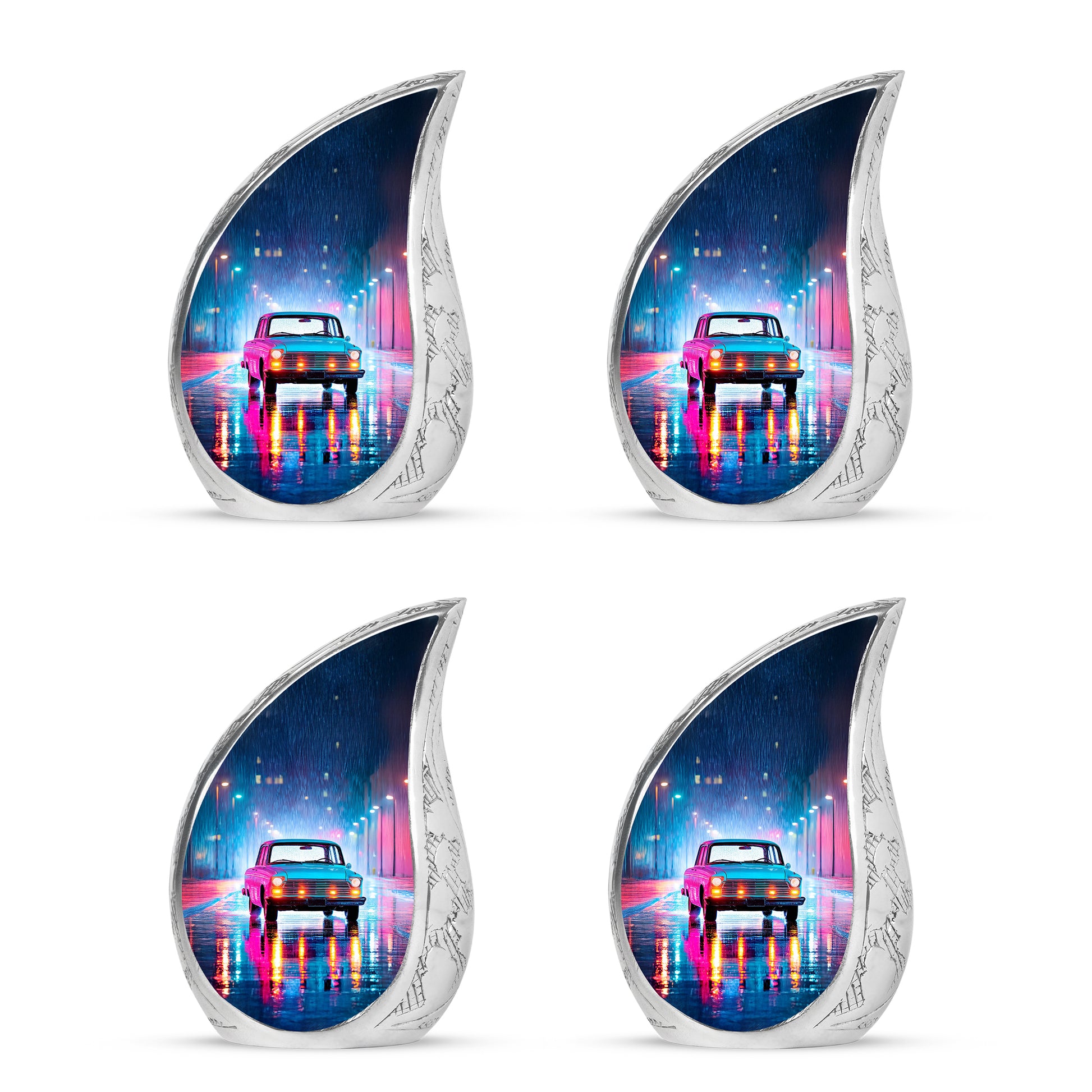 Indigo Car Cremation Urn close-up of engraving and surface detail - flowing teardrop car silhouette on curved aluminum - 10 inch aluminum urn for cremated remains