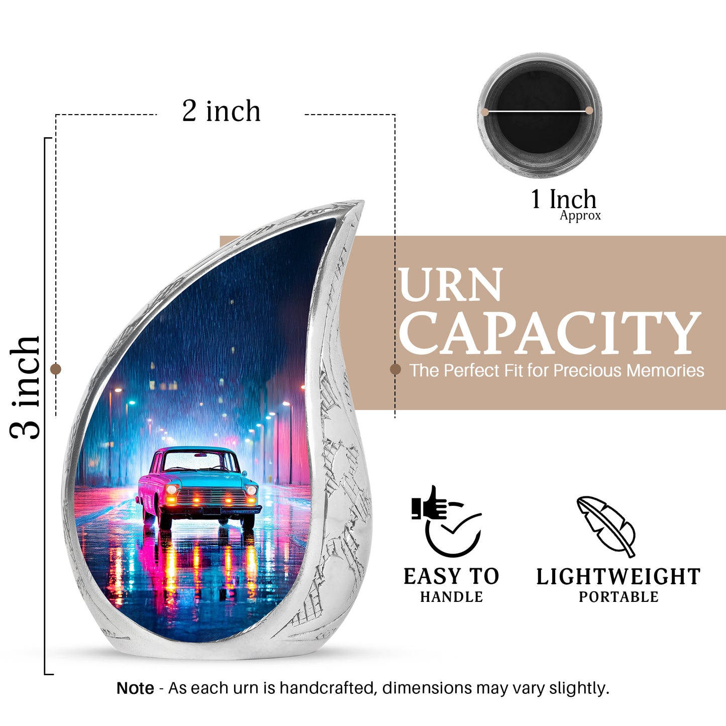 Calming Blue Car Cremation Urn angled view of lid and engraved motif - graceful tear-shaped urn with car motif - mini keepsake memorial for portion of cremation ashes