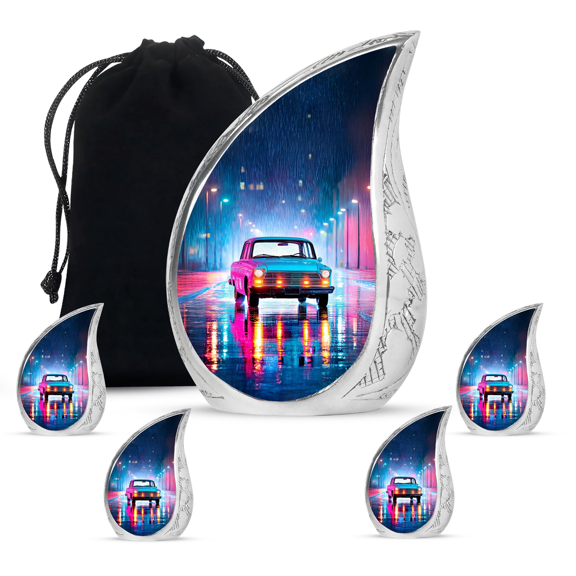Royal Blue Car Cremation Urn side profile showing urn shape - graceful tear-shaped urn with car motif - memorial set with one large and four small urns