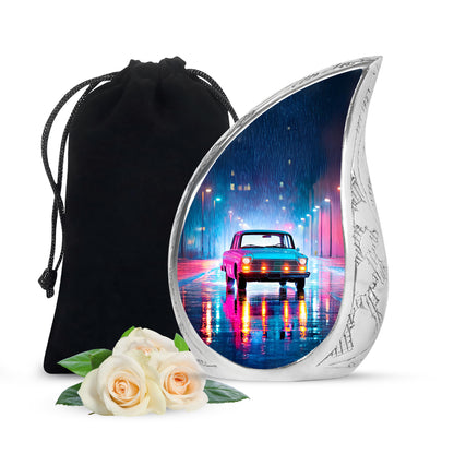 Slate Blue Car Cremation Urn front view showing detailed design - rounded teardrop car design with delicate detail - full-size 10 inch 200 cubic inch adult cremation urn