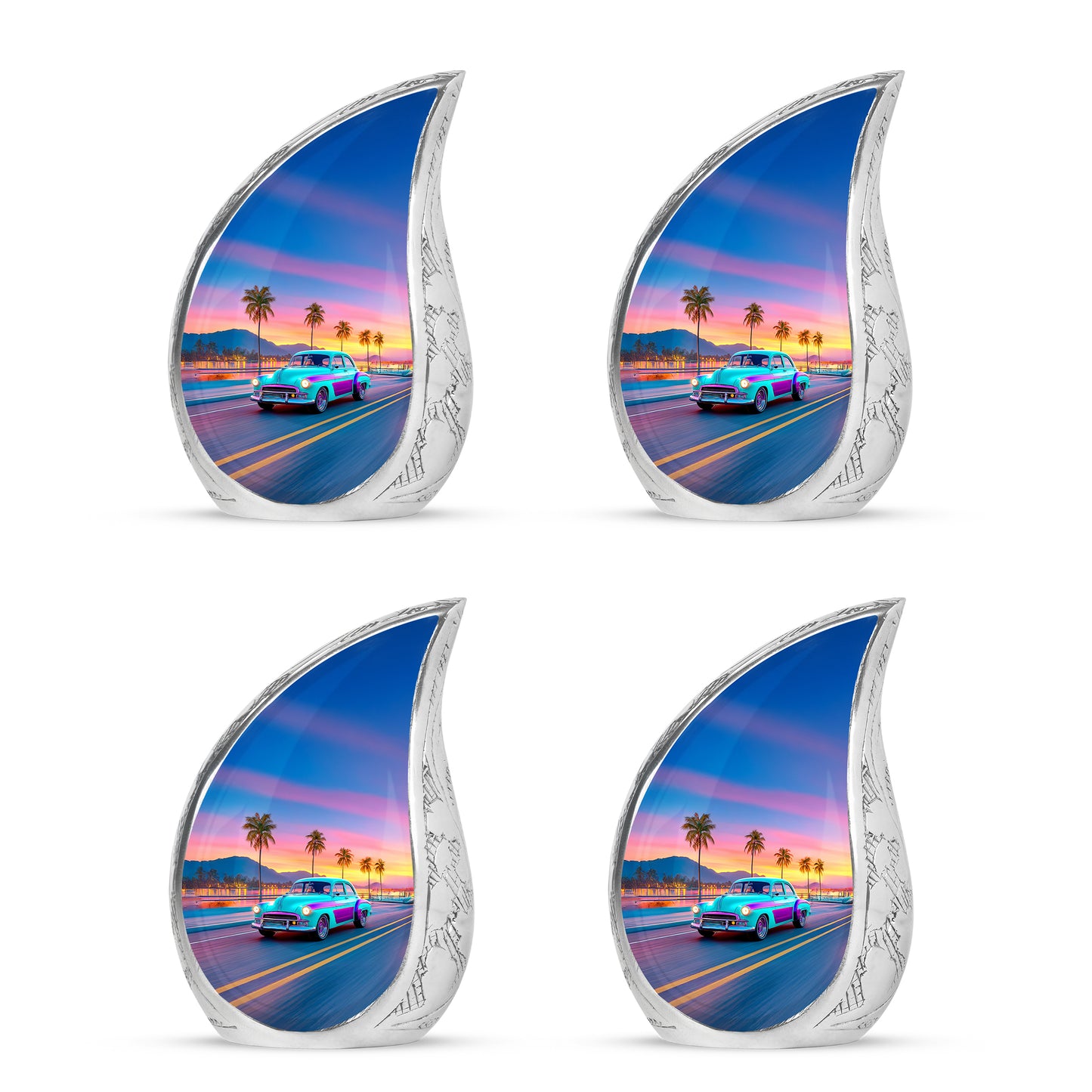 Powder Blue Car Cremation Urn close-up of engraving and surface detail - rounded teardrop car design with delicate detail - 10 inch aluminum urn for cremated remains