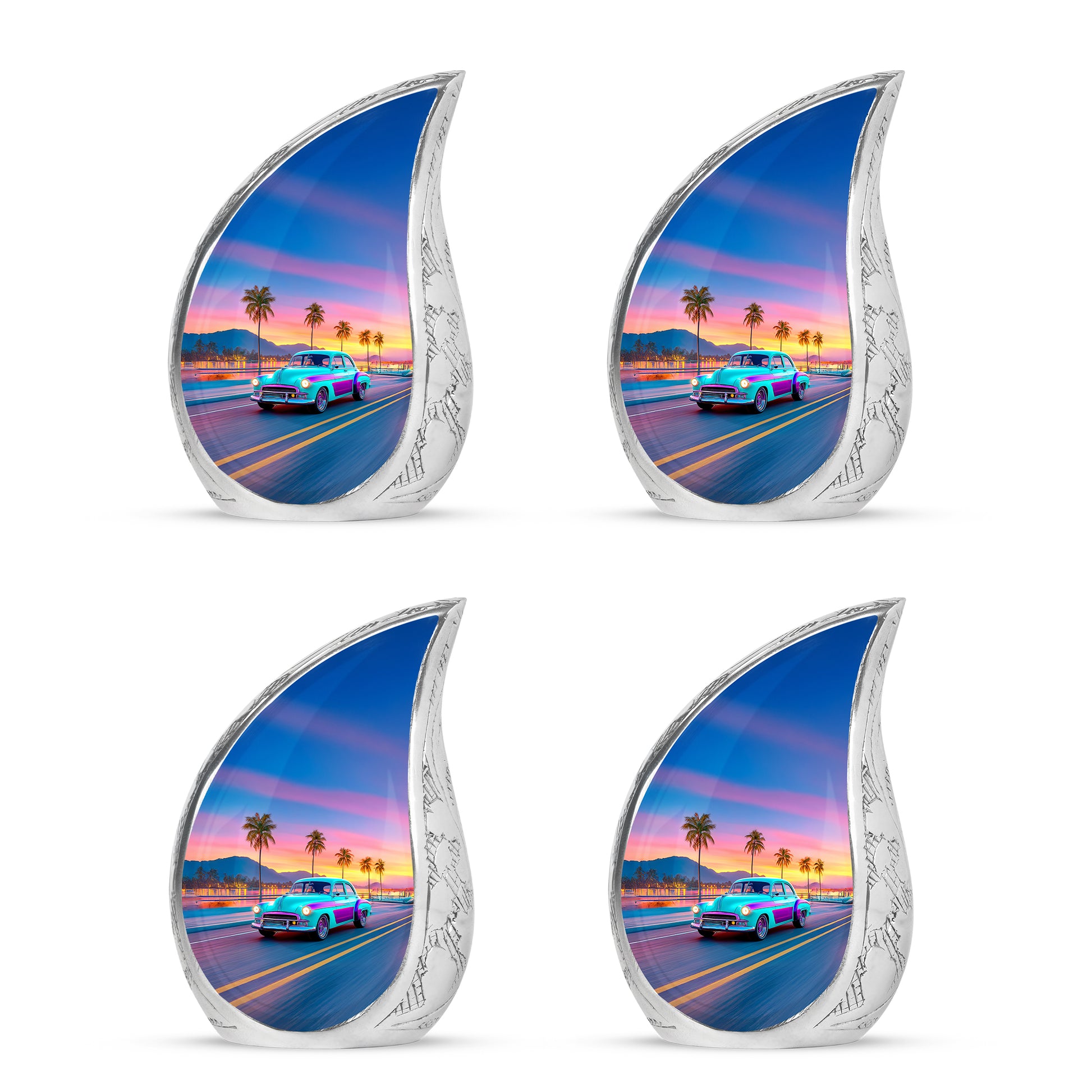 Powder Blue Car Cremation Urn close-up of engraving and surface detail - rounded teardrop car design with delicate detail - 10 inch aluminum urn for cremated remains