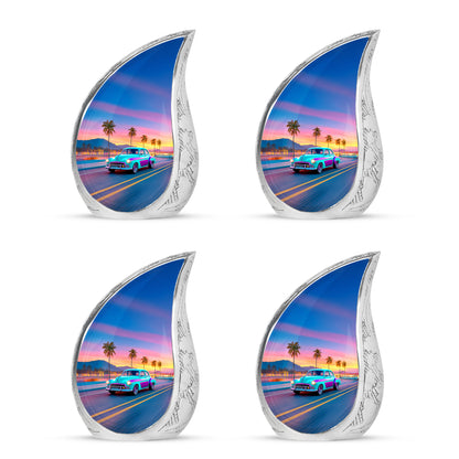Powder Blue Car Cremation Urn close-up of engraving and surface detail - rounded teardrop car design with delicate detail - 10 inch aluminum urn for cremated remains