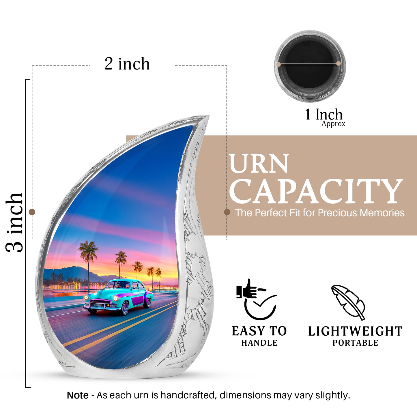 Serene Blue Car Cremation Urn angled view of lid and engraved motif - smooth teardrop contour featuring car art - mini keepsake memorial for portion of cremation ashes