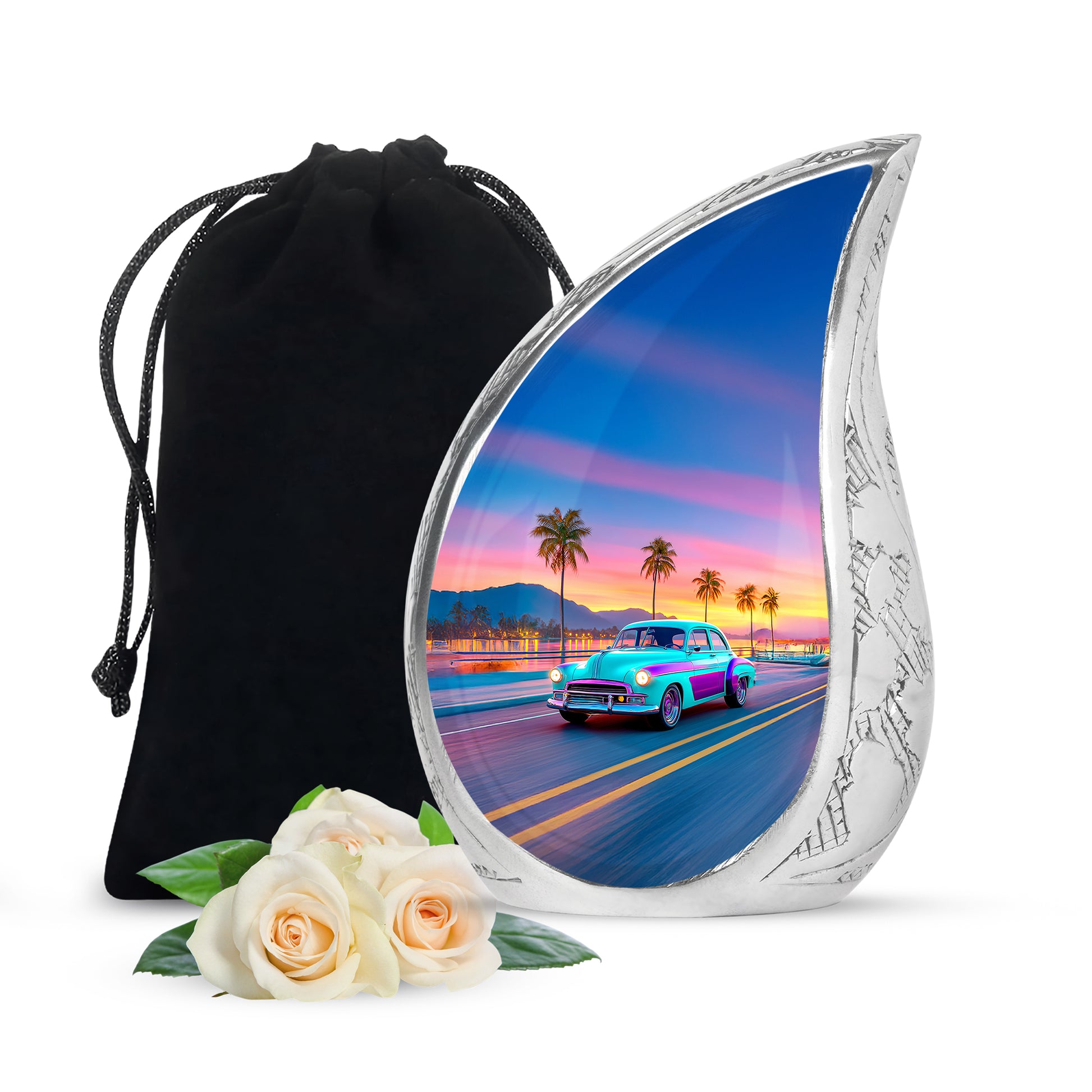 Sky Blue Car Cremation Urn front view showing detailed design - rounded teardrop car design with delicate detail - full-size 10 inch 200 cubic inch adult cremation urn