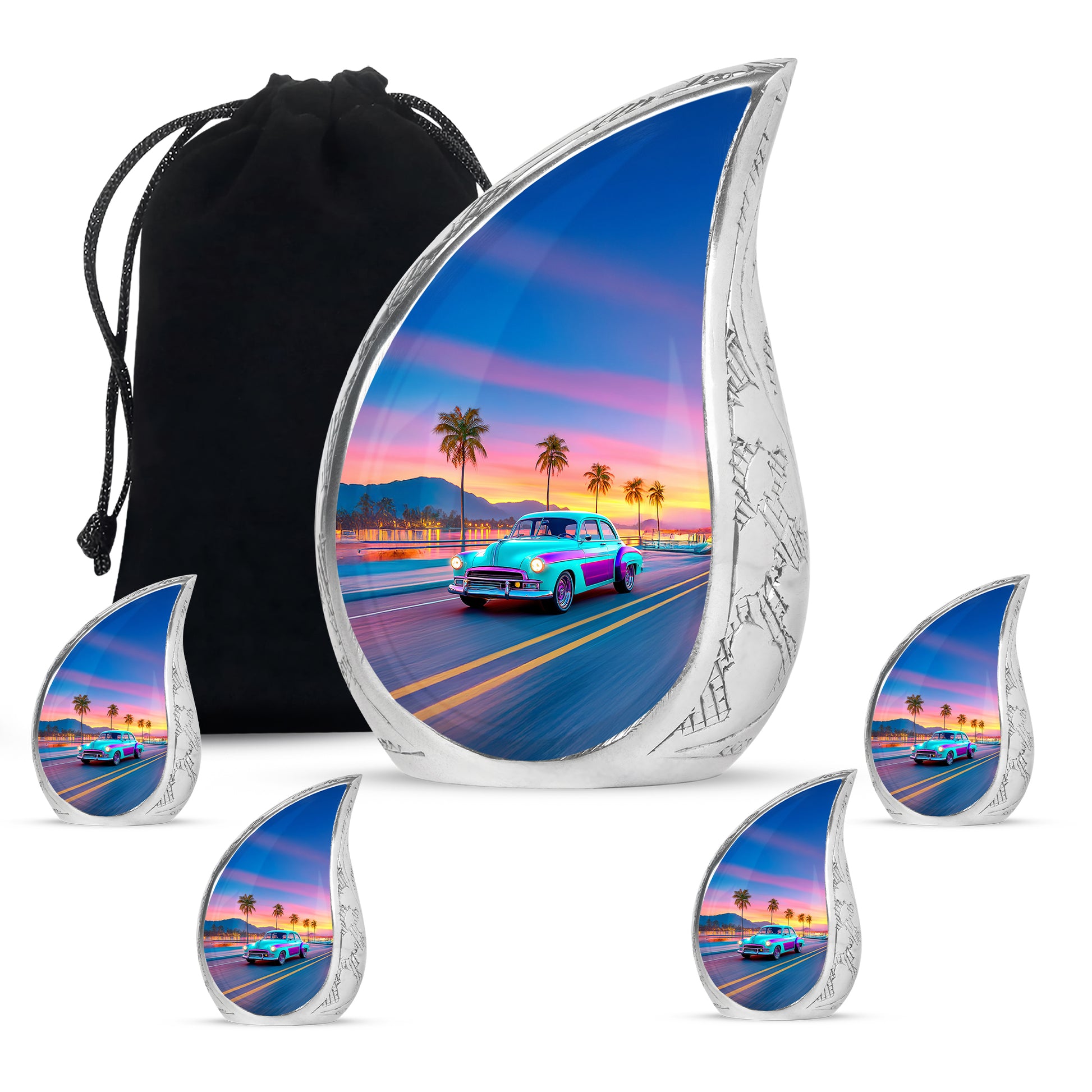 Royal Blue Car Cremation Urn side profile showing urn shape - smooth teardrop contour featuring car art - memorial set with one large and four small urns