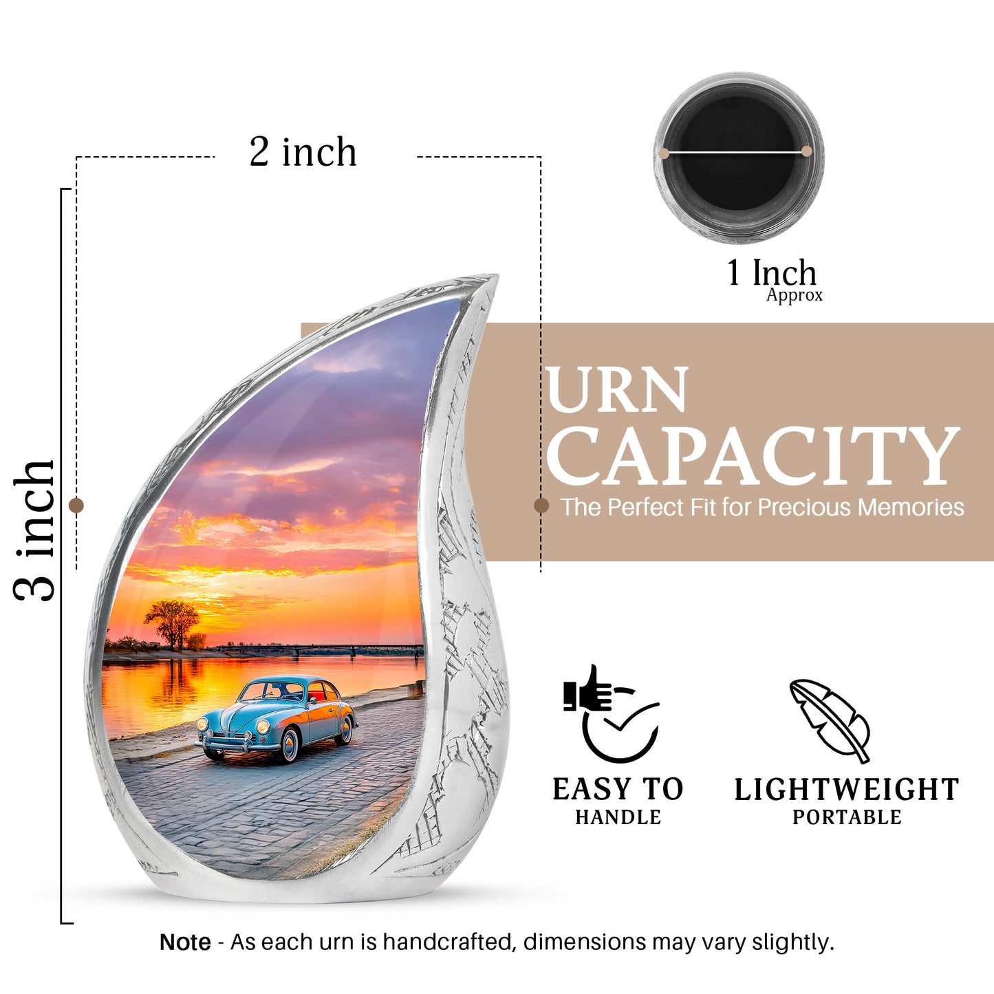 Pastel Pink Car Cremation Urn angled view of lid and engraved motif - rounded teardrop car design with delicate detail - mini keepsake memorial for portion of cremation ashes