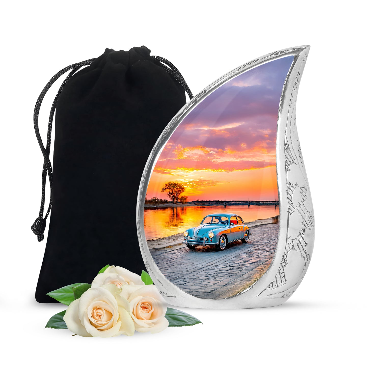 Blush Pink Car Cremation Urn front view showing detailed design - flowing teardrop car silhouette on curved aluminum - full-size 10 inch 200 cubic inch adult cremation urn