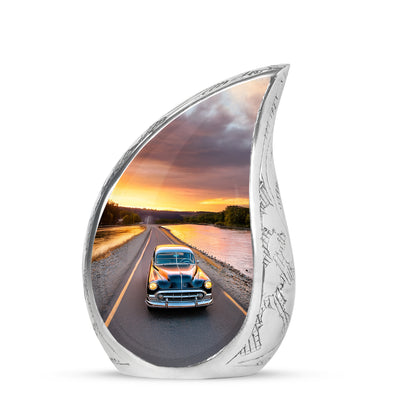 Inspiring Blue Car Passage Urn for Human Ashes - 10-inch, 200 cu in - Yatskia