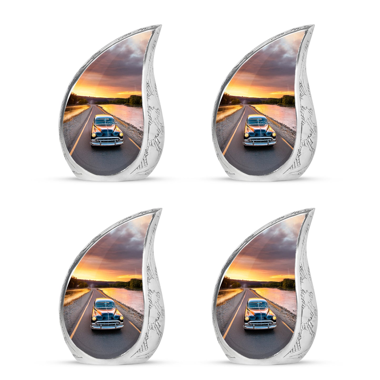 Soft Blue Car Cremation Urn close-up of engraving and surface detail - graceful tear-shaped urn with car motif - 10 inch aluminum urn for cremated remains