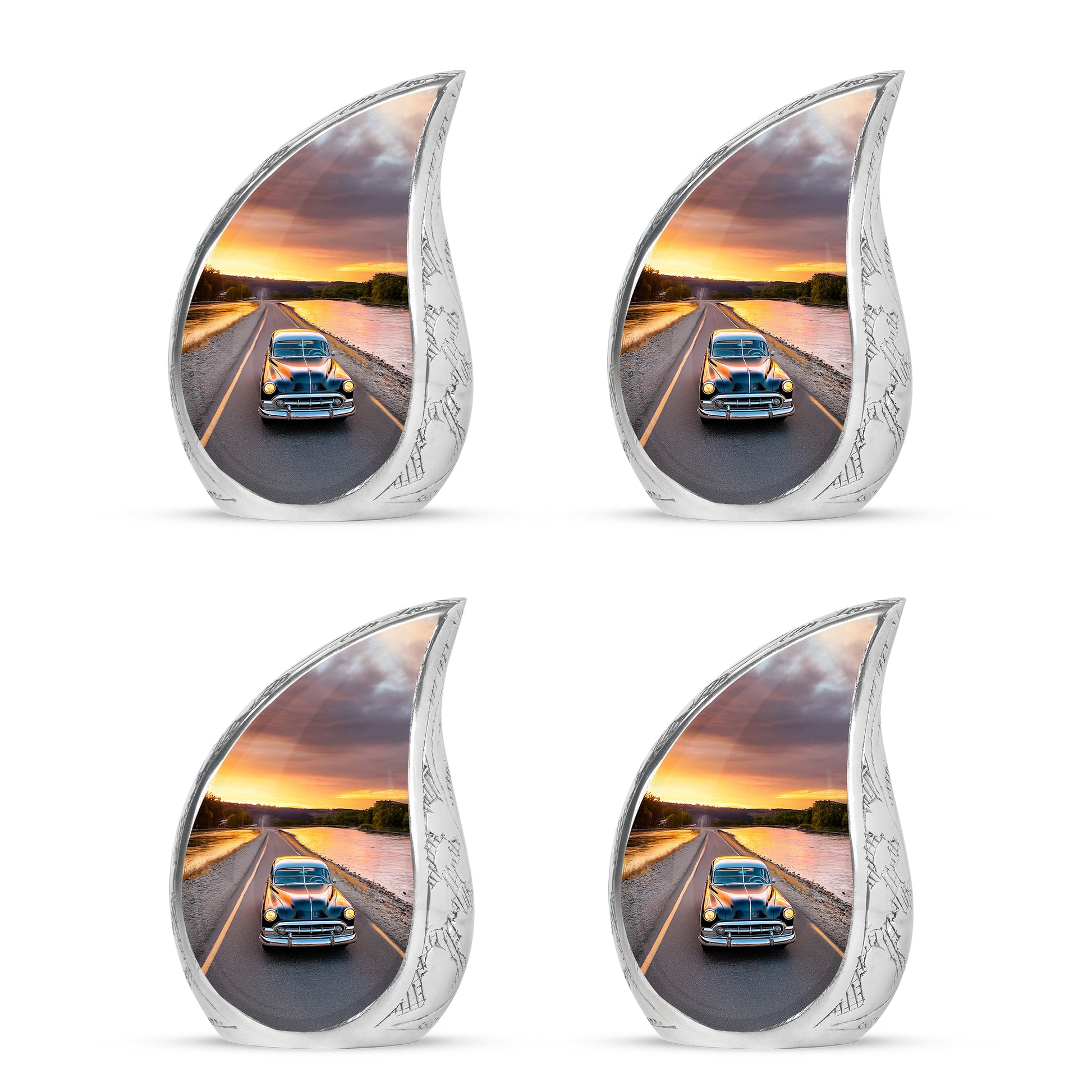 Soft Blue Car Cremation Urn close-up of engraving and surface detail - graceful tear-shaped urn with car motif - 10 inch aluminum urn for cremated remains