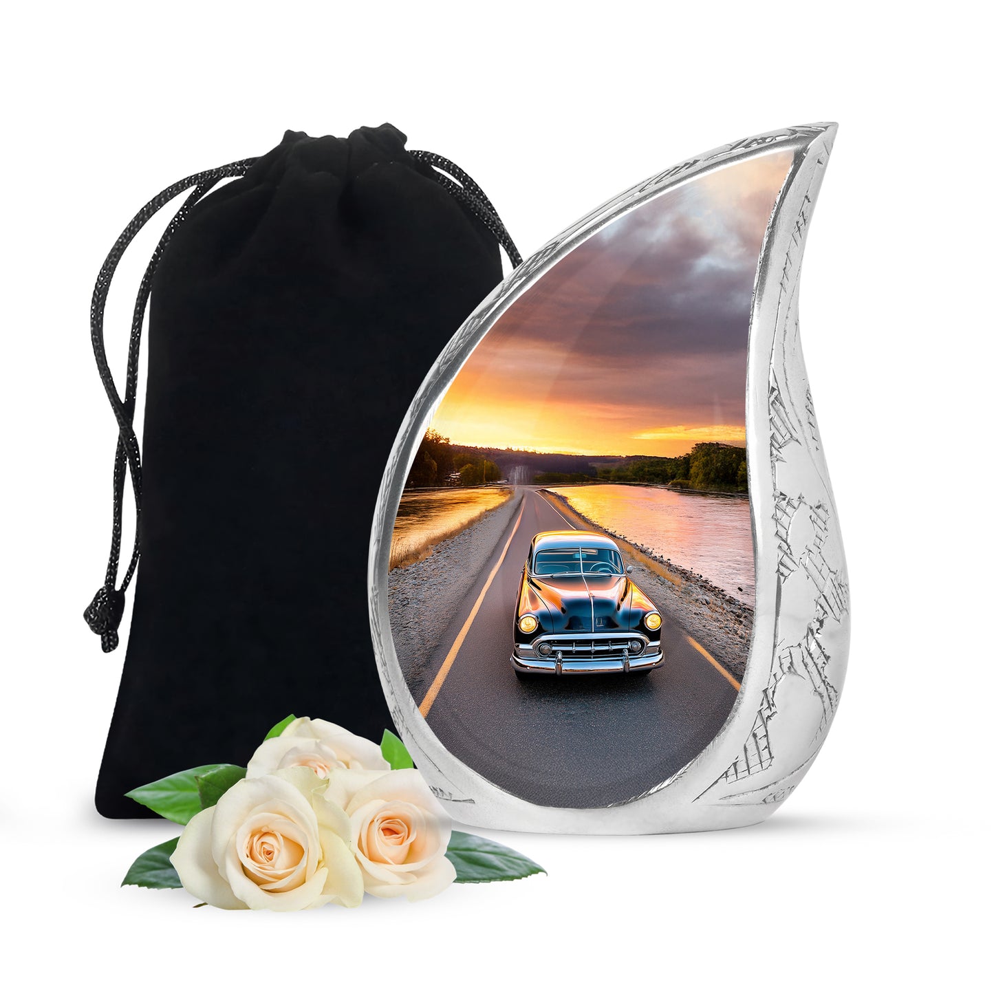 Sapphire Blue Car Cremation Urn front view showing detailed design - smooth teardrop contour featuring car art - full-size 10 inch 200 cubic inch adult cremation urn