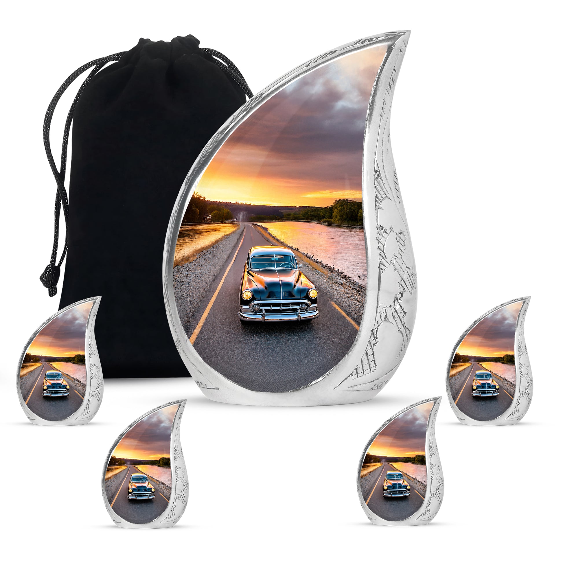 Navy Blue Car Cremation Urn side profile showing urn shape - rounded teardrop car design with delicate detail - memorial set with one large and four small urns