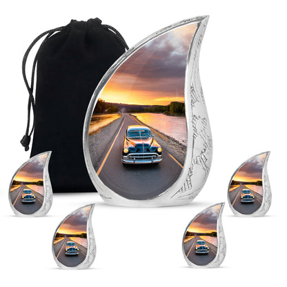 Navy Blue Car Cremation Urn side profile showing urn shape - rounded teardrop car design with delicate detail - memorial set with one large and four small urns